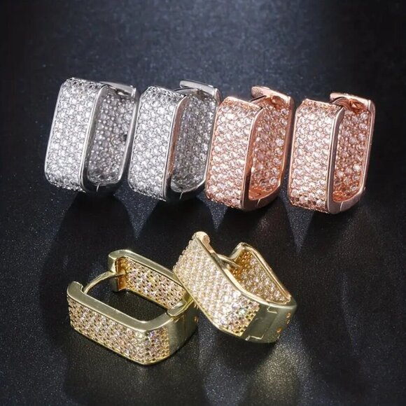 Rectangular Zircon Hoops Gold Tone with Lots of Bling #1418 - Picture 3 of 13